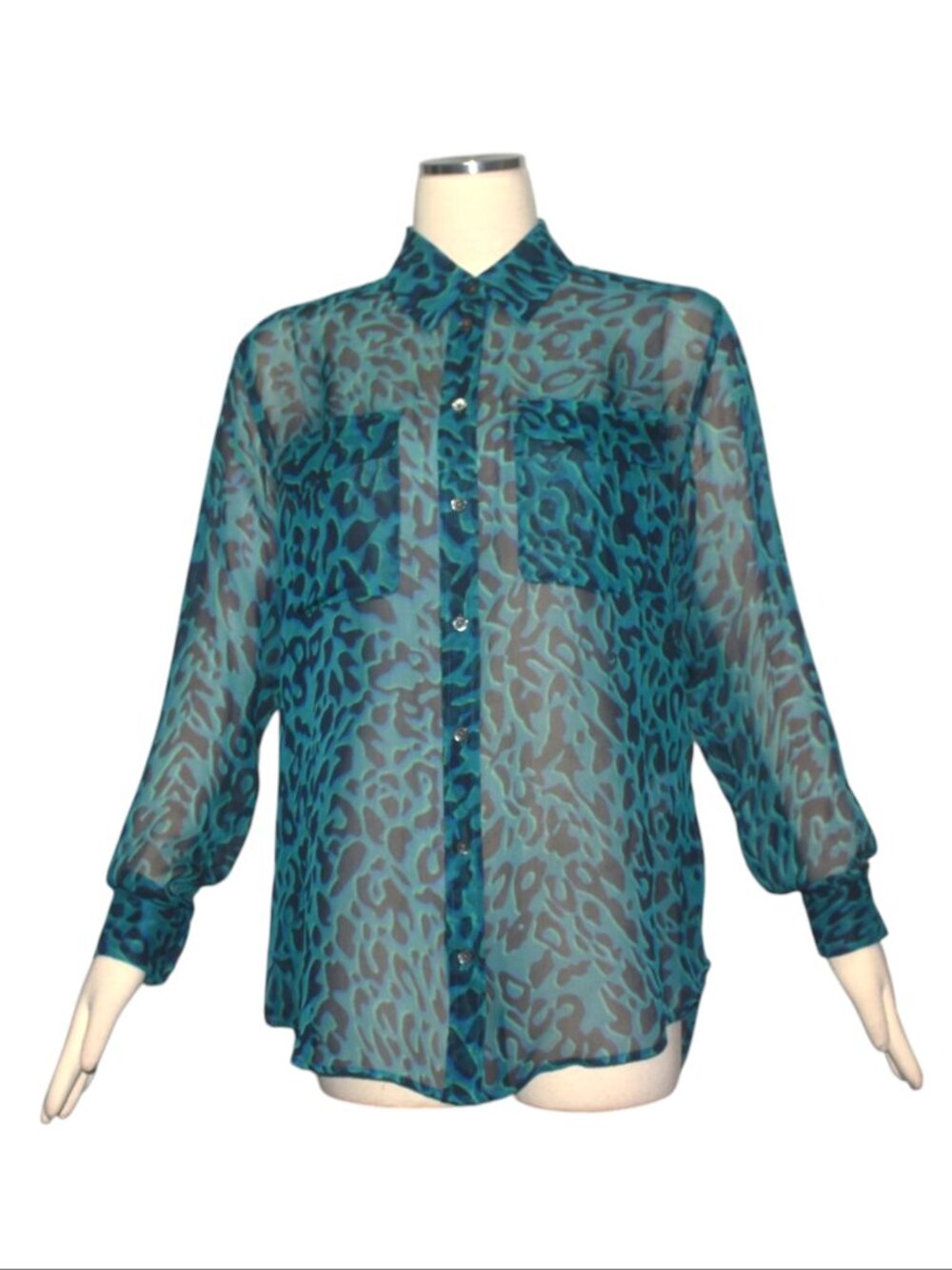 Equipment Femme Sheer Silk Button Front Blouse Blue Teal Animal Print Pockets S